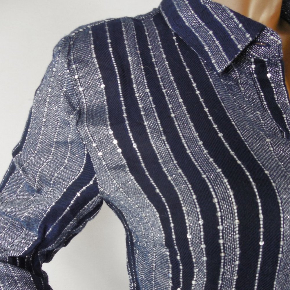 STYLE & CO Top L Navy Blue Striped Button Down Blouse Sequin Detail Party Shirt - Picture 6 of 13